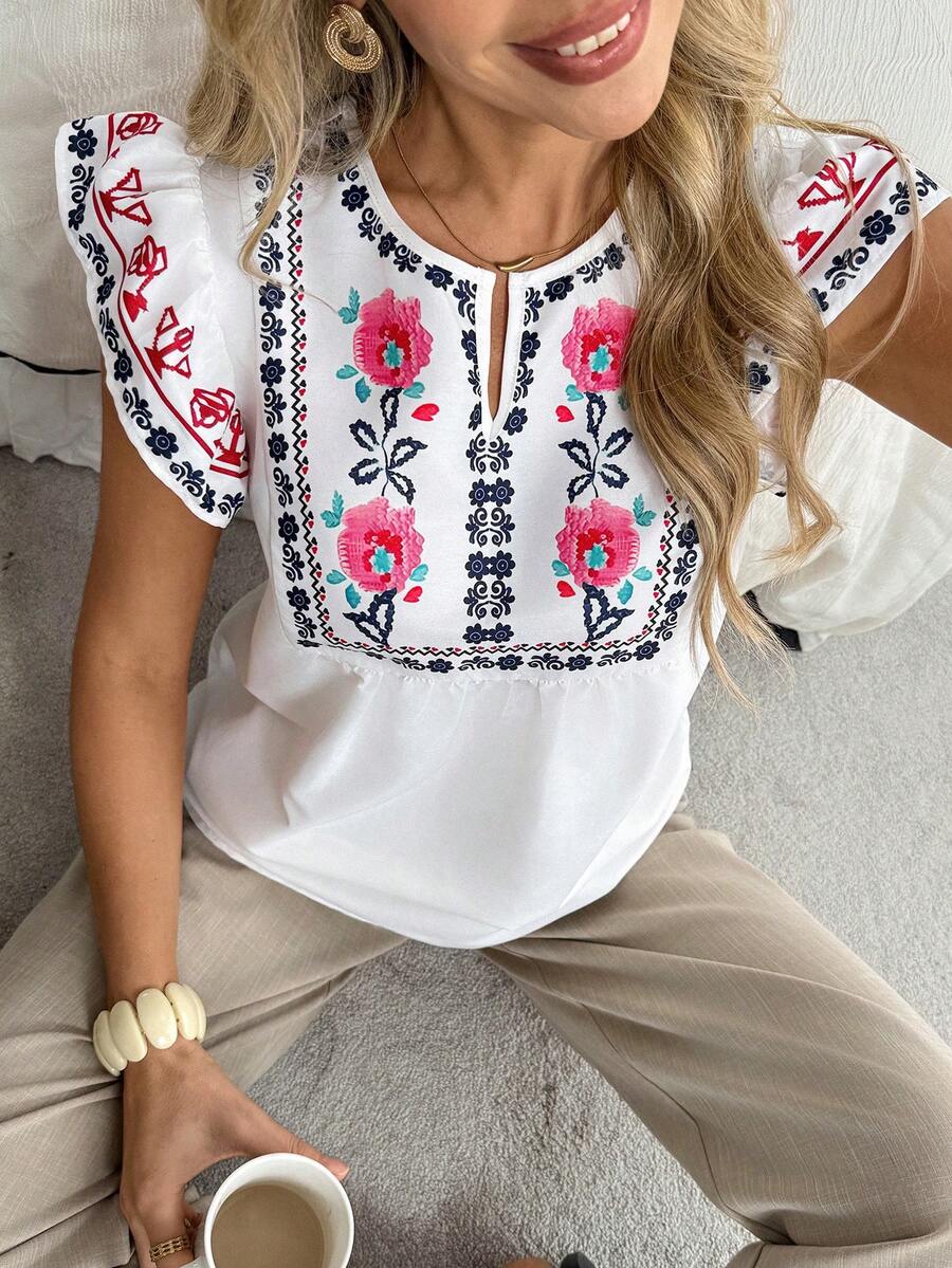 Louniche Women's Casual Vacation Style Printed V-Neck Cap Sleeve Shirt - White - View 1