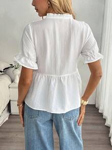 Louniche 女士休闲度假风纹理V领荷叶边拼接花瓣袖衬衫，春夏款 - 白色 - 查看 2