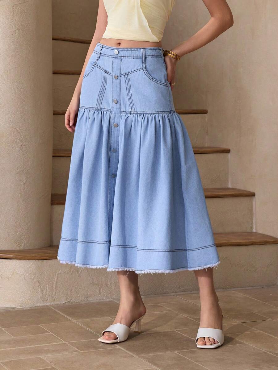 Selenza Women's Casual Denim Skirt With Pockets, Button Design And Ruffle Hem - Blue - View 1