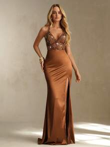 SHEIN Glamour Women's Elegant High Slit Brown Long Dress - Coffee - View 1