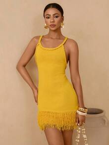 Vesra Đầm dệt kim dự tiệc thanh lịch, màu trơn, thiết kế tua rua dành cho nữ, kiểu dáng thắt eo. - Màu vàng - Xem 7