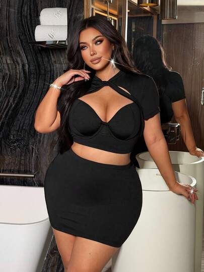 NU&NOW Plus Size Women's Black Lace Sexy 2-Piece Set, Hollow Out Waist Band, Casual, Fashionable, Elastic Knit Dress, Suitable For Spring/Summer
