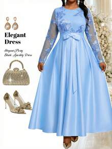 Fleurora 秋冬季优雅端庄派对婚礼圣诞节情人节音乐会/音乐节鸡尾酒会米色提花缎面圆领舞会礼服，系带长袖加大码女式新年除夕礼服新年女士派对礼服长款派对礼服黄色新年礼服女士优雅连衣裙女士正式礼服女士正式礼服加大码正式礼服婚礼奢华晚礼服婚礼派对礼服婚礼宾客礼服 - 藍色 - 查看 9