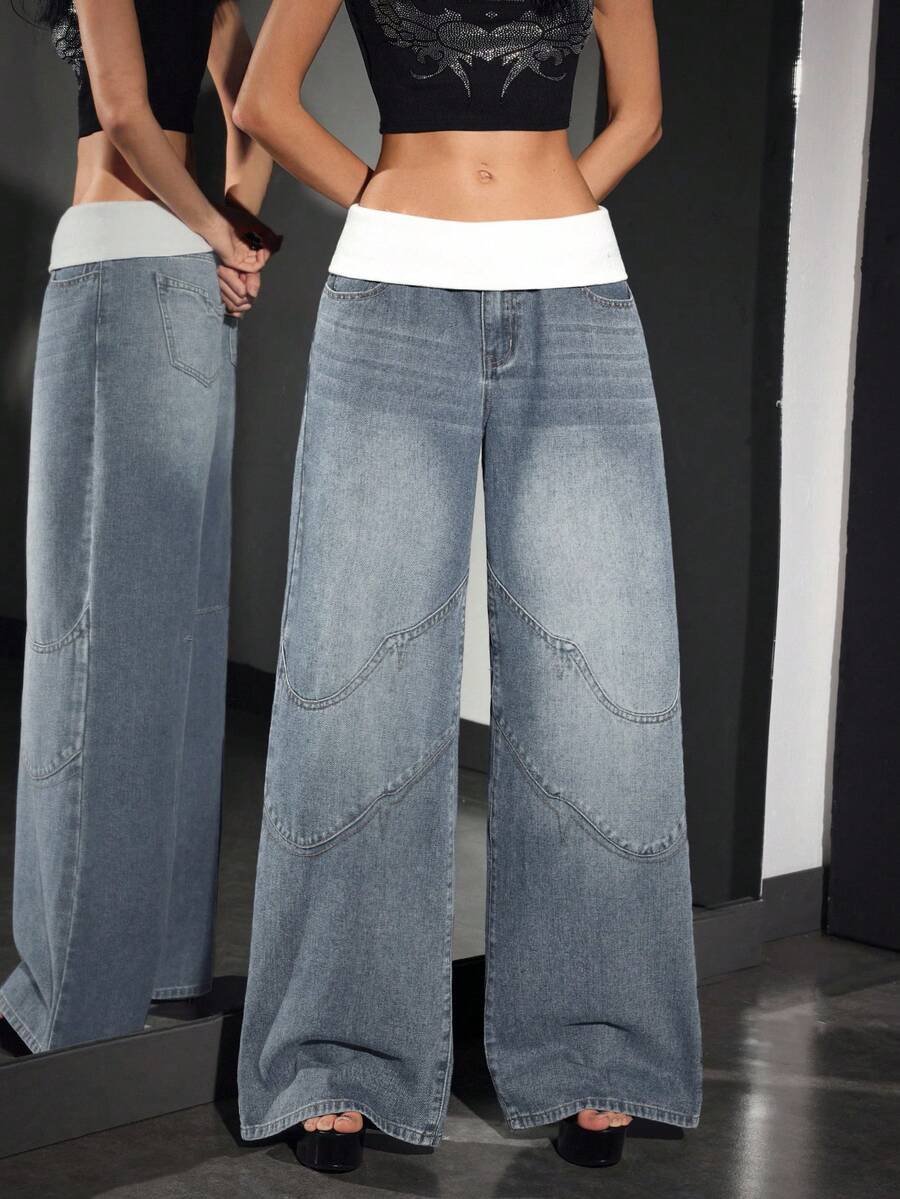 SHEIN PETITE Women's Casual Washed Color Block Waist Wide Leg Jeans - Blue - View 1