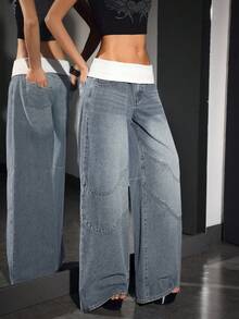 SHEIN PETITE Women's Casual Washed Color Block Waist Wide Leg Jeans - Blue - View 5
