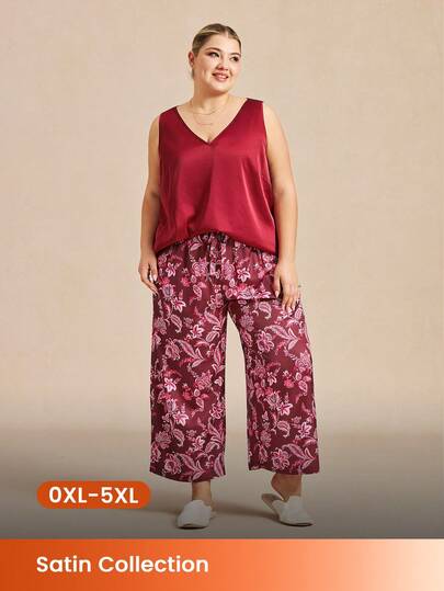 LUVLETTE 大码酒红色睡衣套装 - 舒适无袖缎面上衣和透气印花阔腿裤，四季皆宜的舒适睡衣