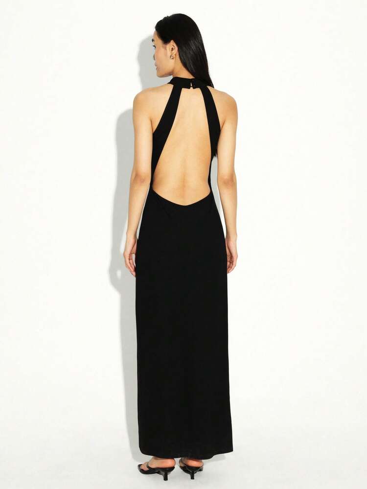 KSTM Backless Halter Neck Maxi Dress With Front Slit Evening Formal Party Long Sleeveless Gown