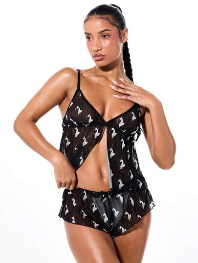 BABYPHAT All Over Logo Print Mesh Babydoll Lingerie Set
