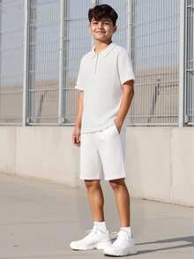 Mirajuku 2pcs/Set Teenage Boys Casual Polo Shirt With Collar And Shorts - White - View 7