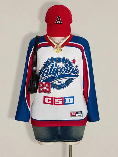 SHEIN ICON Women's Plus Size Retro, Avant-Garde, Bold, Modern, Fashionable, Sporty, Casual, Streetwear, Sportswear, Red And Blue Color Blocking, Letter And Number Print, V-Neck, Loose Long-Sleeve T-Shirt