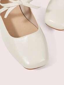 CUCCOO DOLLMOD Women's Beige Square Toe Bow Mary Jane Ankle Strap Flats Cute Commute Preppy Style Leather Buckle Shoes - Beige - View 5