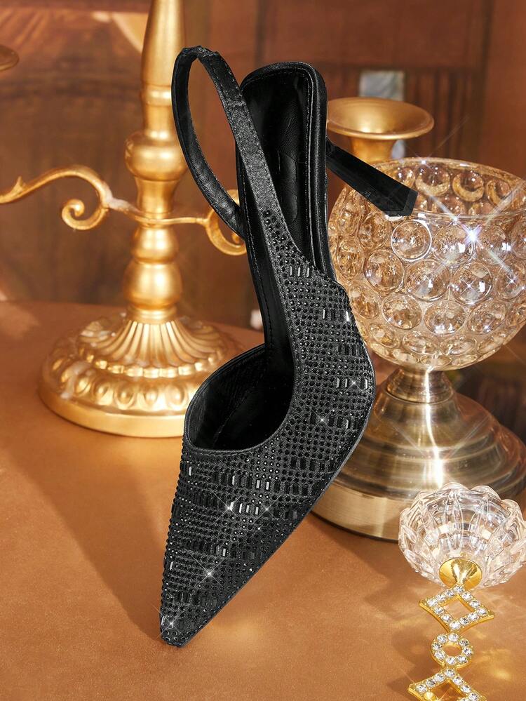 CUCCOO TILAWA Women Shoes Pointed Stiletto Black Rhinestone Gorgeous Fashion Party Banquet Wedding Simple Women's High Heel Shoes Slingback Women's Shoes