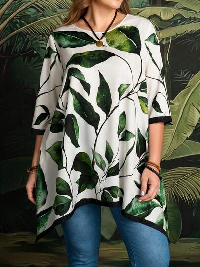 EMERY ROSE Plus Size Casual Vacation Plant Print Asymmetric Hem Shirt Summer Outfits  Beach Vacation Outfits For Women  Beach Vacation Outfits For Women Floral  Blouse For Women BOHO Clothes