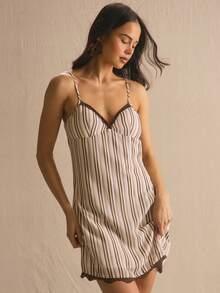 MUSERA Chiffon Stripe Print Lace Hem Detail Strappy Mini Dress Spring Summer Cosy Cute Daily Girly Vacation Sunlight Social - Multicolor - View 2