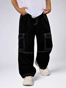 Kids/Young Boys' Casual Everyday Comfortable Patch Pocket Contrast Color Loose Straight Leg Cargo Pants, Suitable For School, Garden, Beach, Birthday, Spring, Summer, Fall, Winter Seasons, Black Jeans, Cargo Pants, Baggy Jeans, Boys Clothes, School Clothes, Baggy Pants, Khaki Pants, Wide Leg Pants - Black - View 1