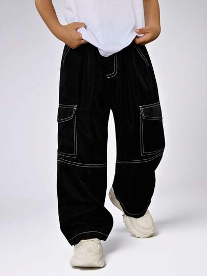 儿童/男童休闲日常舒适贴袋撞色宽松直筒工装裤，适合上学、花园、海滩、生日、春、夏、秋、冬等各种场合，黑色牛仔裤，工装裤，宽松牛仔裤，男童服装，校服，宽松裤，卡其裤，阔腿裤