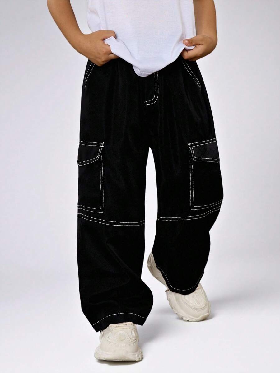 Kids/Young Boys' Casual Everyday Comfortable Patch Pocket Contrast Color Loose Straight Leg Cargo Pants, Suitable For School, Garden, Beach, Birthday, Spring, Summer, Fall, Winter Seasons, Black Jeans, Cargo Pants, Baggy Jeans, Boys Clothes, School Clothes, Baggy Pants, Khaki Pants, Wide Leg Pants - Black - View 1