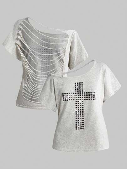 ROMWE Grunge Punk Y2K Punk Cross Rivet Design Laser Cut Loose Fit Solid Color T-Shirt, Versatile