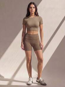 Anewsta American Style Regular Shoulder Short Sleeve T-Shirt, Women's New Arrival Summer Fitted Design Niche Casual Top - Khaki - View 7