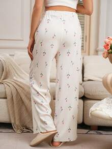 SHEIN Maternity Pants With Adjustable Elastic Waistband, Straight Leg, Knitted Jacquard Digital Printed Long Pants - Beige - View 2