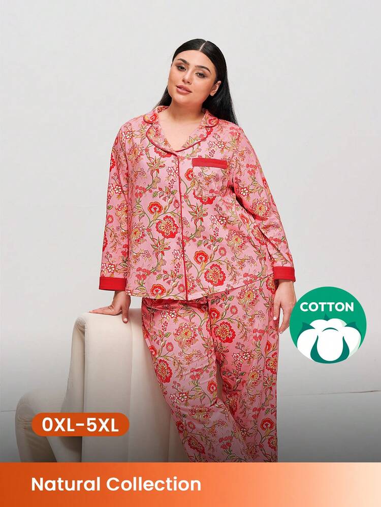 Plus-Size Cotton Floral Print Button-Up Top & Pants PJ Set