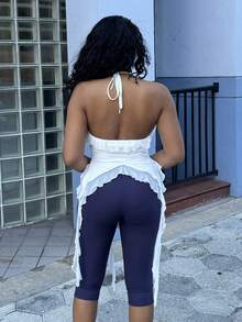 Alexandranx 夏季浪漫白色荷叶边丝带和 3D 花朵领结上衣夏季女式上衣演唱会女装性感服装 - 白色 - 查看 2