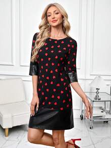 SHEIN Clasi 女士黑色PU拼接针织直筒连衣裙，适合日常通勤，百搭黑色连衣裙 - 黑色 - 查看 7