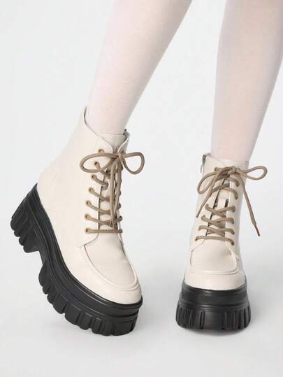 ROMWE Goth 女士高跟凉鞋~ 2026 新款时尚秋冬朋克风 PU 白色英伦风马靴 内增高薄底踝靴