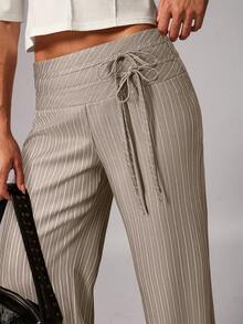 Women's Khaki Striped Wide Leg Pants Casual Woven Fabric Long Ruched Detail - Khaki - View 2
