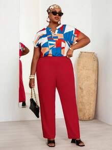 BrightlyHer 大码女式秋冬休闲日常酒红色长裤，带口袋，适合秋冬季外出穿着，2025新款，简约时尚，适合日常穿着，也适合圣诞节、新年、感恩节等节日穿着，松紧腰设计，休闲女裤。 - 紅色 - 查看 4