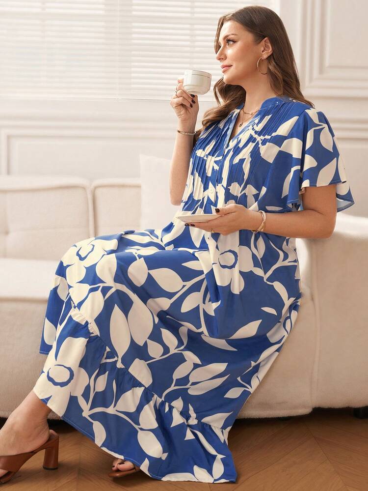 Plus Size Women's Summer Casual Vacation Ruffle Sleeve Floral Print Blue Long Dress With Pocket,, Suitable For Spring/Summer Holiday,Summer Holiday,Spring Break Outfits ,Vacation Outfits Women ,Holiday Outfits For Women,Going Out Outfits,2026 New Clothes,Simple And Fashionable For Everyday Wear,Casual Dresses For Women,Flowy Long Dress ,Suitable For Summer, Vacation, Commute, Daily Wear