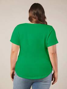 EMERY ROSE Camiseta casual versátil de manga corta y cuello en V para mujer de talla grande - Verde - Ver 2