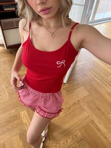 ZzzCrew Women's Bow Embroidered Camisole And Striped Shorts Pajama Set - Red - View 3