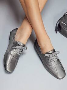 CUCCOO GRLICON Giày lười nữ đế bằng buộc dây trang trí, đa năng, kiểu dáng thường ngày. - Màu xám đen - Xem 6