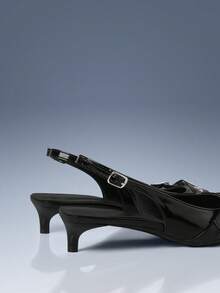 CUCCOO GRLICON Green Pointed Cross-Strap Double Buckle Kitten Heel Empty Women's Shoes - Black - View 4