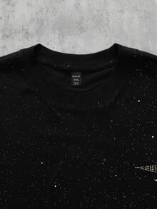 ROMWE MEN Men's Sparkling Diamond Loose T-Shirt Set, Spring/Summer - Black - View 4