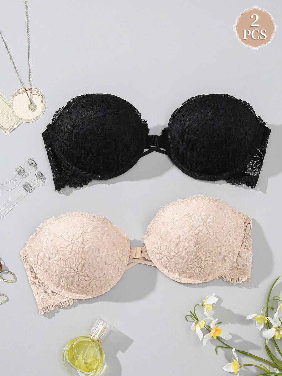 Snug Zone 2pcs/Set Strapless Front Closure Underwire Bra, Lift & Enhance Small Bust, Includes Invisible Shoulder Straps, Versatile Wear - Multicolor - View 1