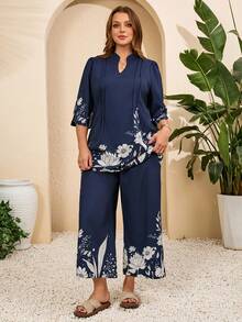 EMERY ROSE Conjunto de 2 piezas de camisa y pantalón de talla grande con estampado floral en azul marino - Azul Marino - Ver 4