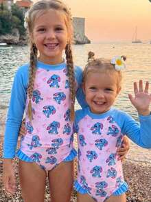 SHEIN 女童卡通印花长袖泳衣套装 - 藍色 - 查看 5