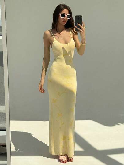 Aloruh Women's Solid Yellow Spaghetti Strap Round Neck Bodycon Dress, Suitable For Vacation, Beach, Party, Evening