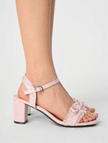 ROMWE Kawaii Sandalias de verano para mujer, estilo hada con tacón medio grueso y tacón alto - Rosa - Ver 4