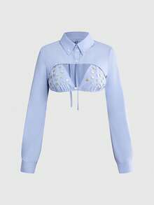 ROMWE Kawaii Fashionable Tie-Neck Asymmetrical Long Sleeve Blouse For Women - Baby Blue - View 1