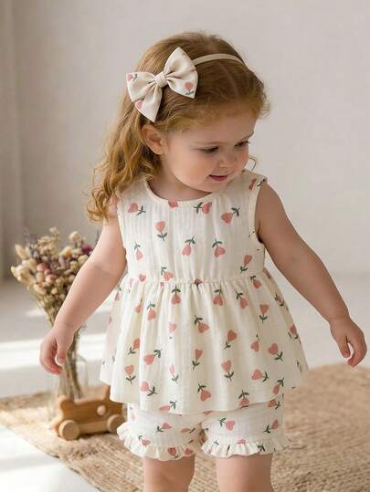 SHEIN 2pcs/Set Baby Girls Casual Cute Floral Print Round Neck Ruffle Sleeveless Top And Elastic Waist Shorts Set, Suitable For Spring/Summer Outings, Vacation, Travel, Comfortable & Versatile