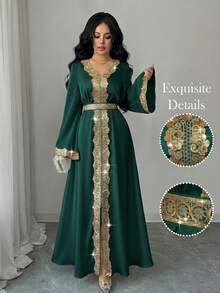 Elenzga Đầm dài dáng chữ A thanh lịch dành cho nữ, cổ chữ V, tay loe, eo ren vàng, chất liệu bóng, thích hợp cho đầu xuân. - Màu xanh lá cây đậm - Xem 1