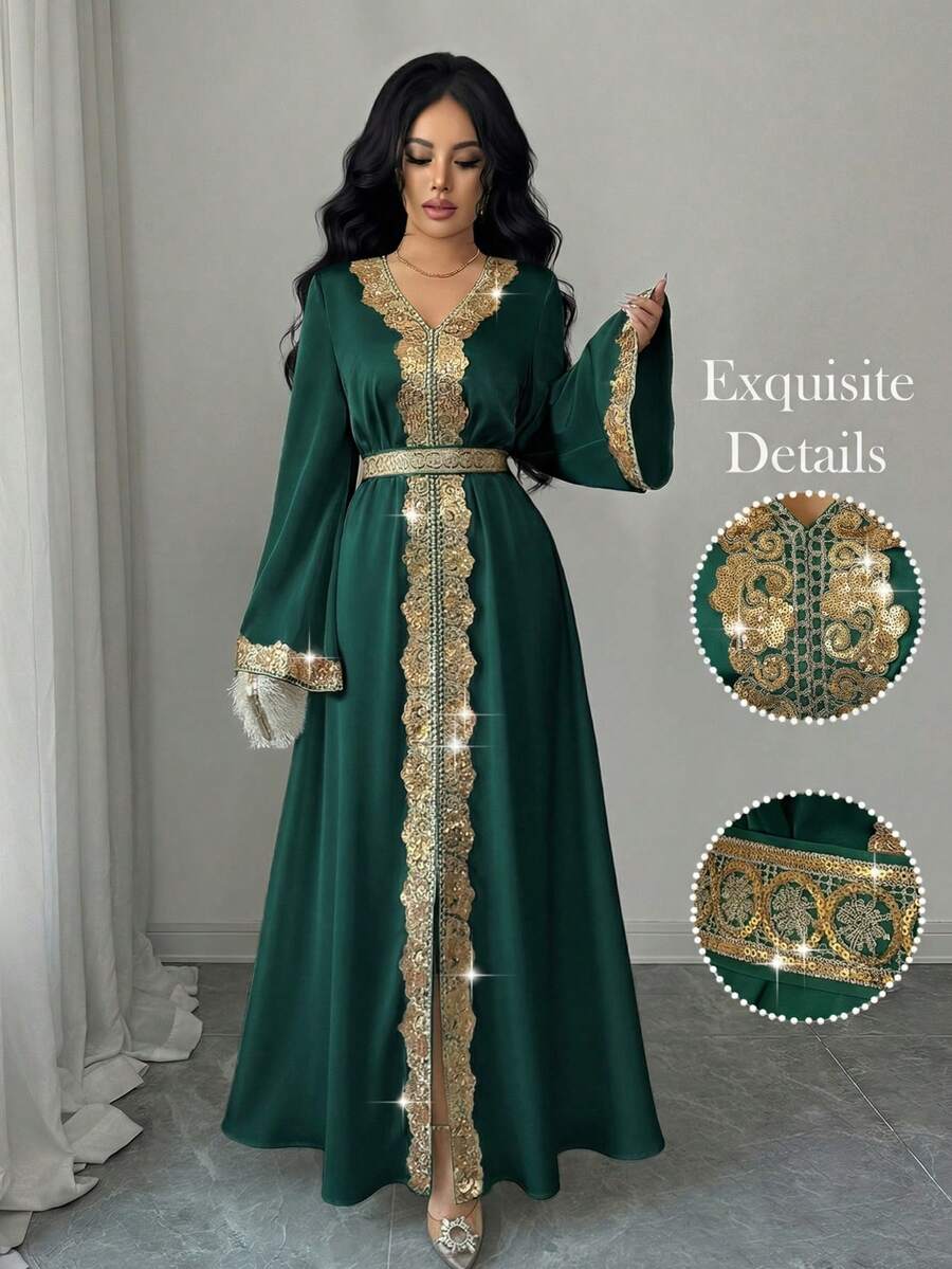 Elenzga Đầm dài dáng chữ A thanh lịch dành cho nữ, cổ chữ V, tay loe, eo ren vàng, chất liệu bóng, thích hợp cho đầu xuân. - Màu xanh lá cây đậm - Xem 1