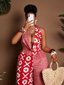 Maweii 大码女式度假风撞色抽象红色条纹印花垂褶领口宽松后背抽绳腰阔腿裤套装，适合派对、约会之夜、浪漫情人节、时尚外出、度假、海滩、音乐节等各种场合。 - 彩色 - 查看 6