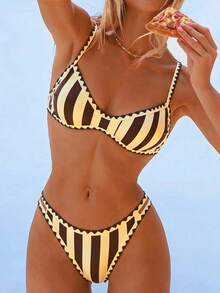 Swim Mod 2pcs/Set Women's Fashionable Cute Vacation Sexy Beach/Pool Party Striped Print Ruffled Adjustable Thick Strap Crop Top And Double Waist Tie Bikini Swimwear Set - Multicolor - View 1