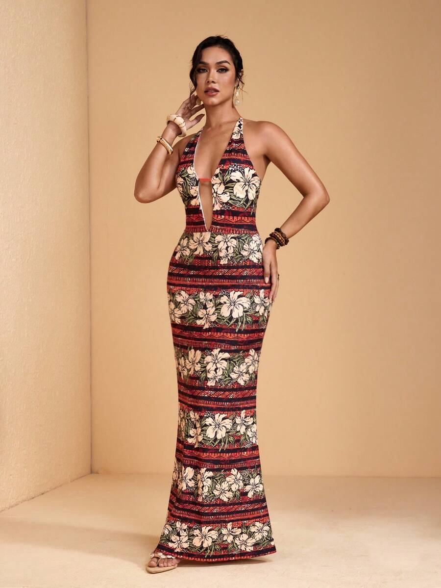 JIAN LASALA 多色热带花卉印花露背系带深V露背修身女士长裙度假 - 彩色 - 查看 1