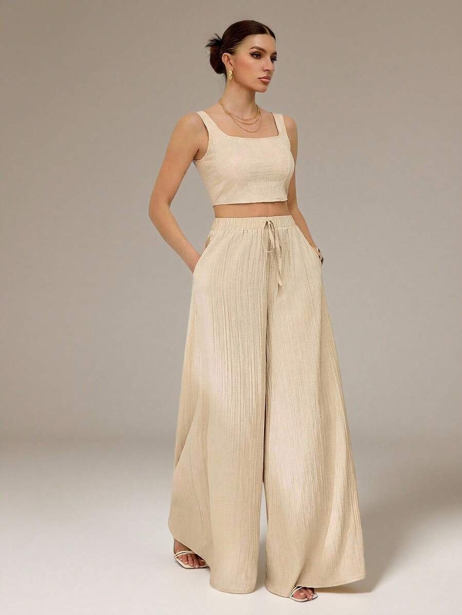 SHEIN Tall 新款春夏度假休闲鱼骨吊带上衣和带口袋的阔腿裤两件套纹理面料套装 - 卡其色 - 查看 1