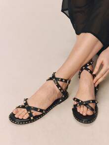 Styleloop Sandal đế bằng nữ, phụ kiện cần thiết cho kỳ nghỉ, du lịch, phong cách boho cao bồi. - màu đen - Xem 6
